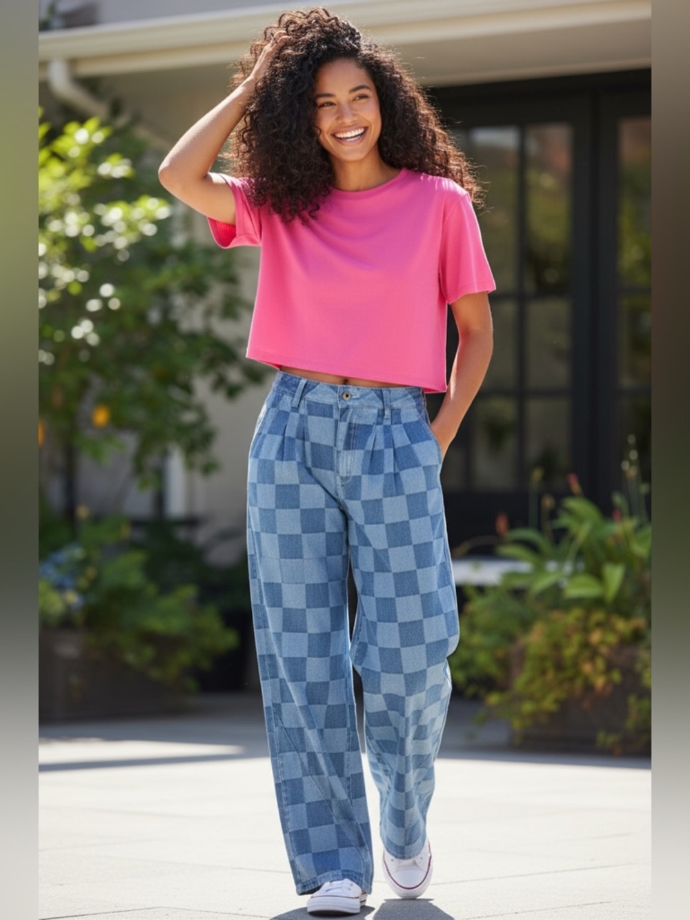 1198. Checkered Wide Leg Denim Jeans - Picture 2 of 4
